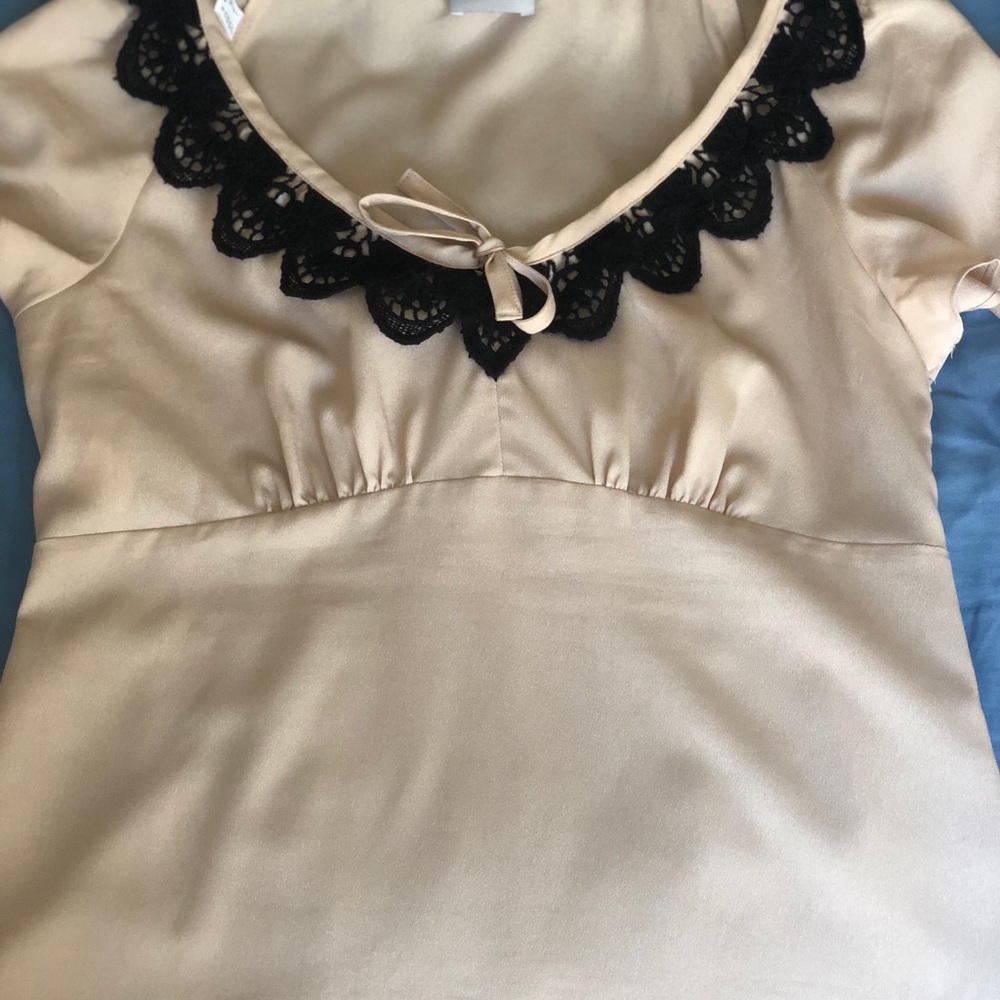 Blush silk Top with black lace scallop detail